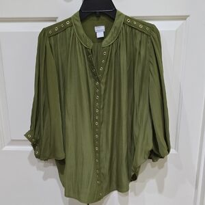 Chico's Green Flutter Sleeve Blouse with Mandarin Collar Size 0 (4/6)